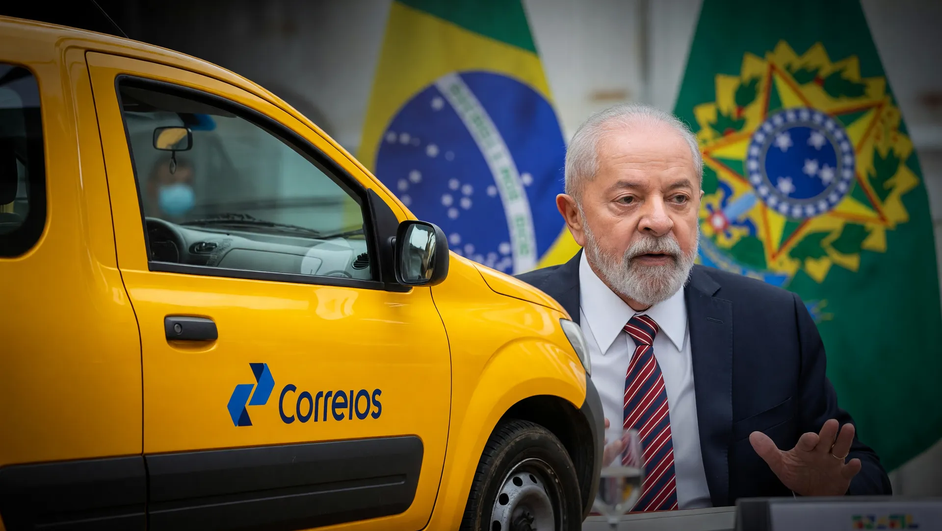 Veículo Correios amarelo e retrato oficial de Lula ilustrando o prejuízo dos Correios em 2025