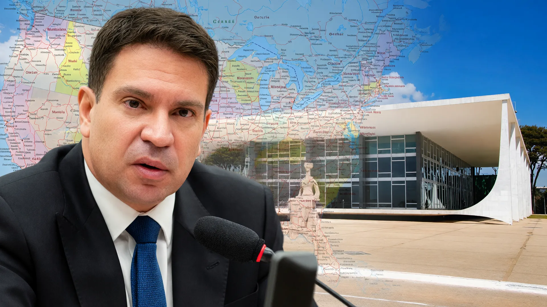 Ramagem em retrato contextualizado: prisão de Ramagem nos Estados Unidos, com instituições brasileiras ao fundo