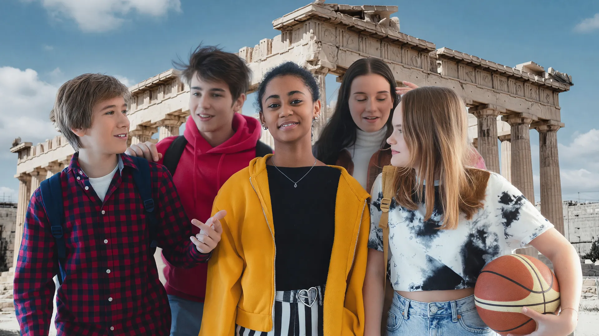 Adolescentes diversos com Grécia ao fundo: proibição redes sociais menores Grécia 2027