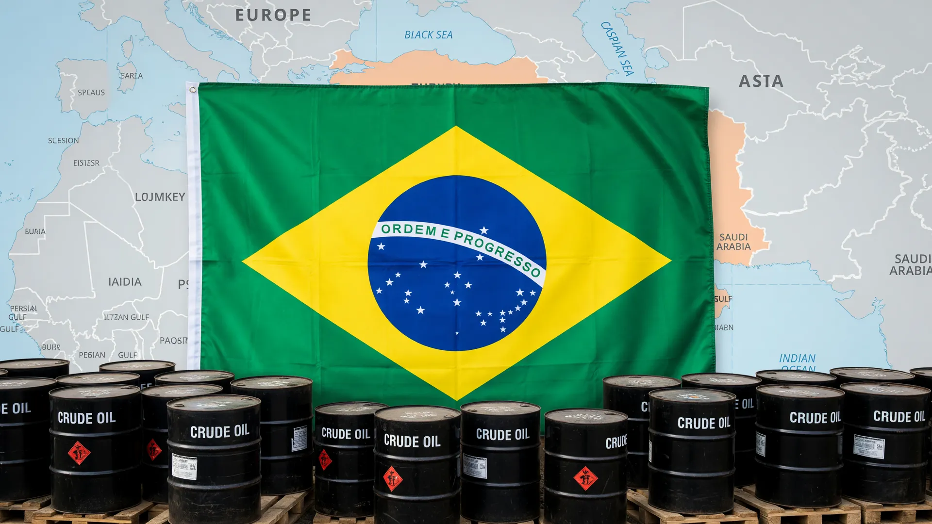 Projeção FMI crescimento Brasil 2026: Oriente Médio, petróleo e bandeira em composição editorial
