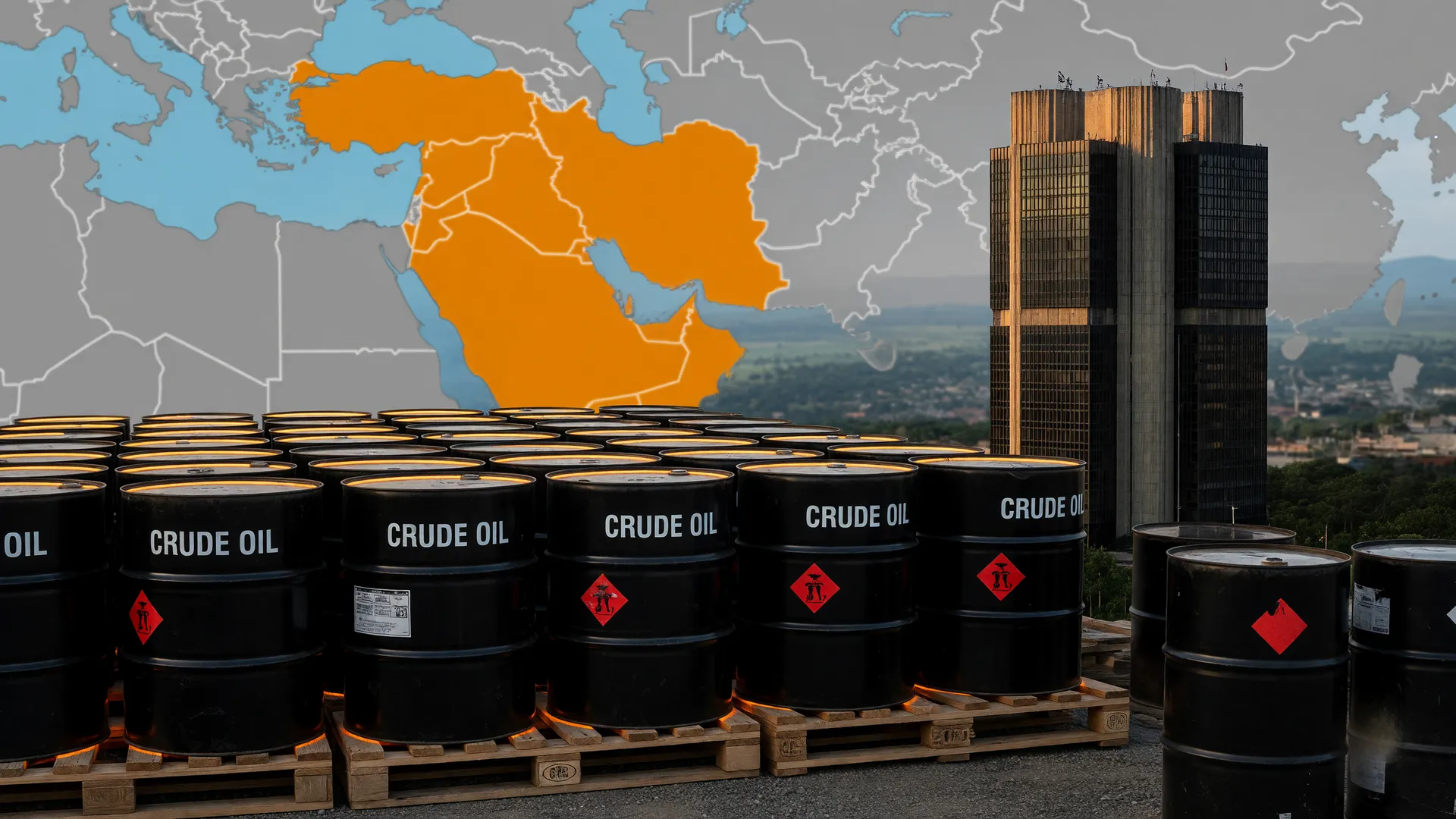 Barris de petróleo com mapa do Oriente Médio e Banco Central, mostrando a projeção inflação 2026 da guerra