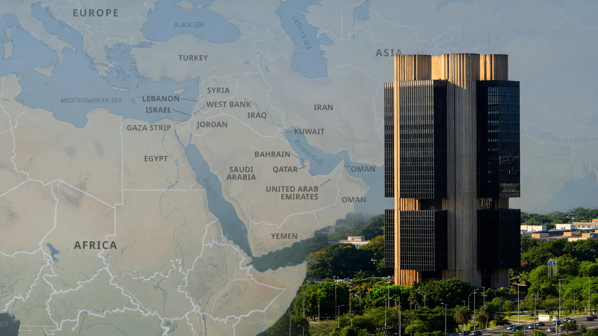 Mapa do Oriente Médio e Banco Central: projeção de inflação Focus impactada pela guerra regional na economia brasileira