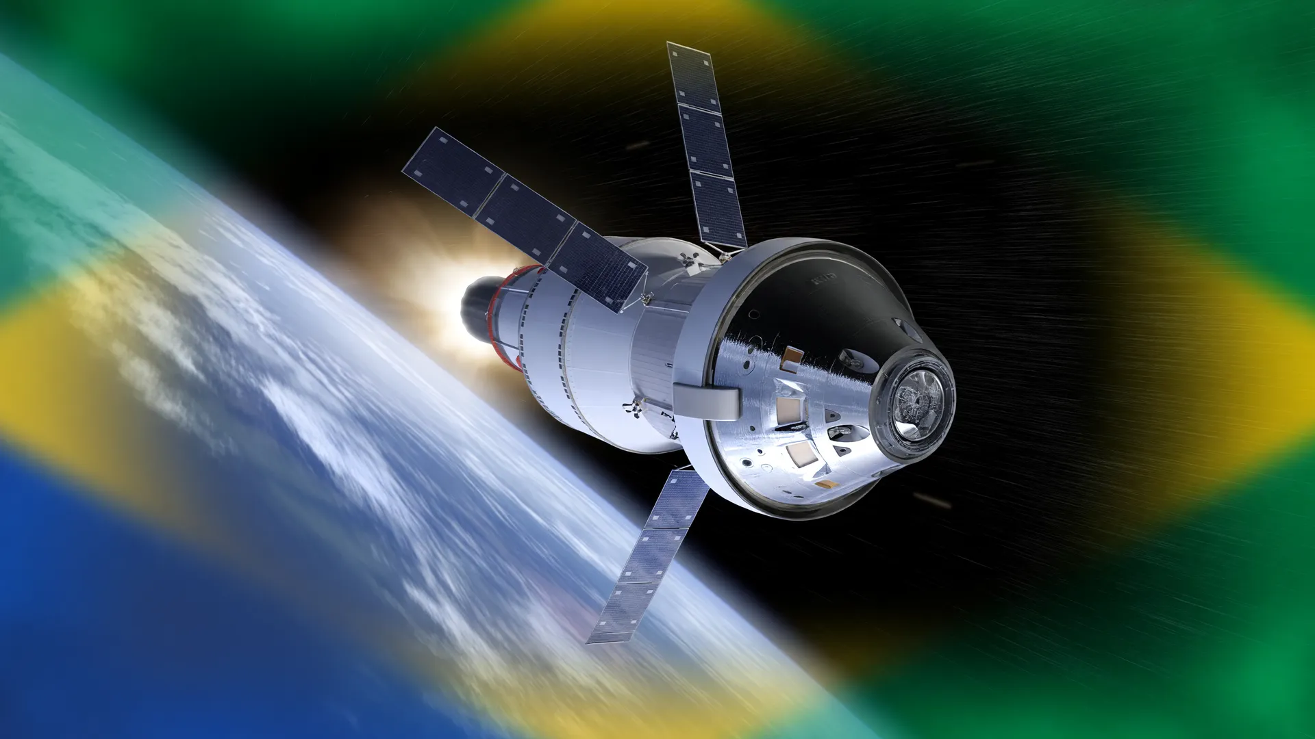 Nave Orion em órbita com elementos da bandeira brasileira, representando projetos brasileiros na corrida lunar NASA