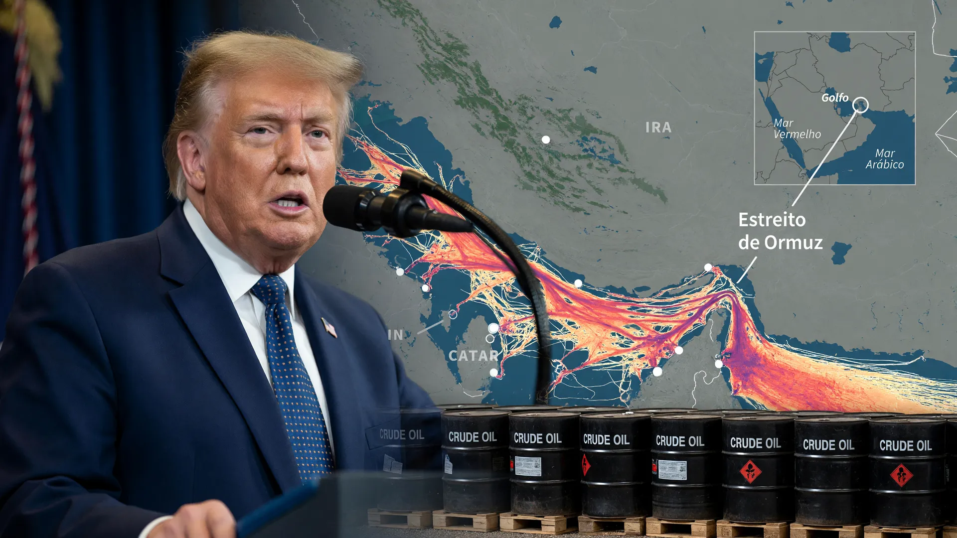 Queda do petróleo cessar-fogo Irã representada em composição com Trump, Estreito de Ormuz e barris