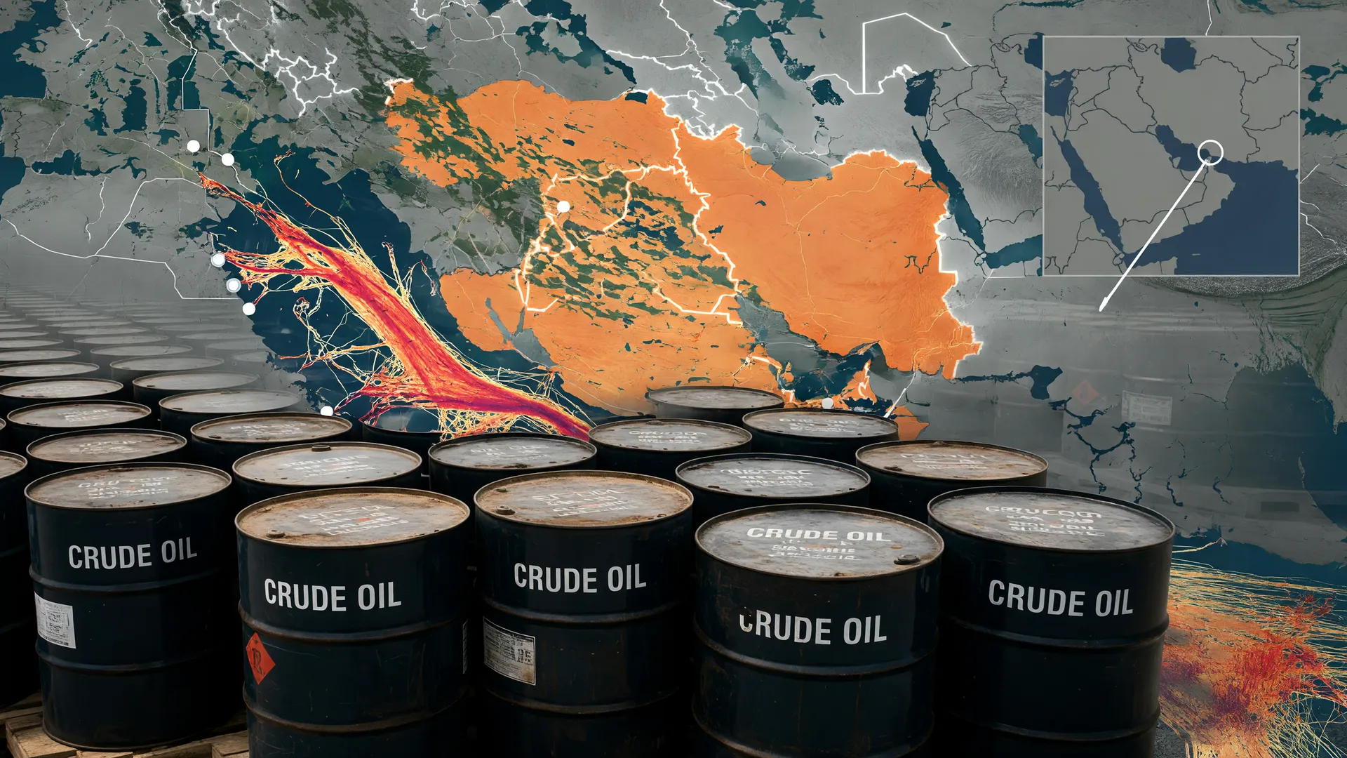 Mapa do Estreito de Ormuz com barris de petróleo e mapa do Oriente Médio, ilustrando a queda no consumo de petróleo 2026