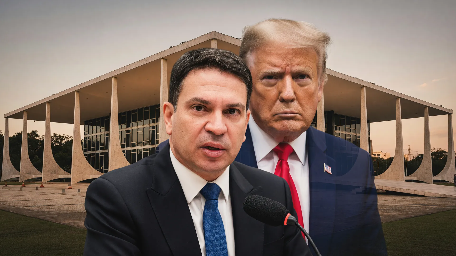 Ramagem solto nos EUA governo Trump: ex-deputado no centro com Trump e STF ao fundo em contexto administrativo