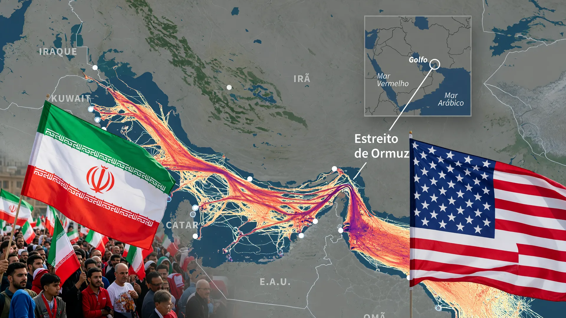 Mapa do Estreito de Ormuz com bandeiras de Irã e EUA mostrando a reabertura Estreito de Ormuz cessar-fogo