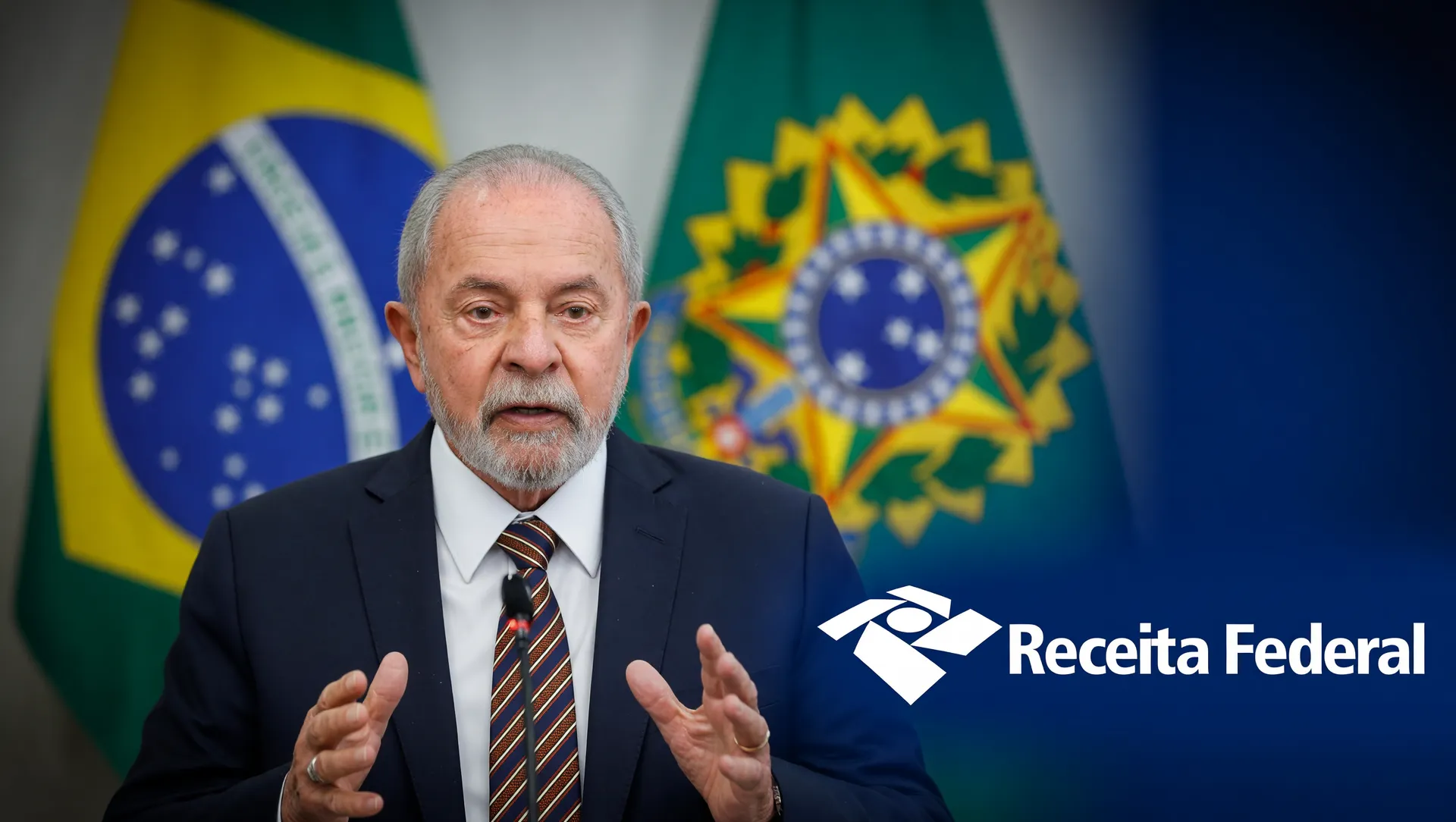 Imagem oficial do presidente Lula com símbolo da Receita Federal, representando recorde arrecadação federal