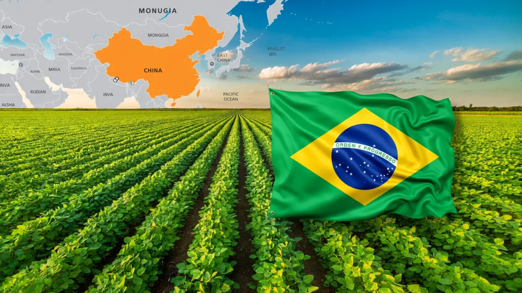 Recorde exportação soja Brasil 2026: campo de colheita e parceria comercial com China
