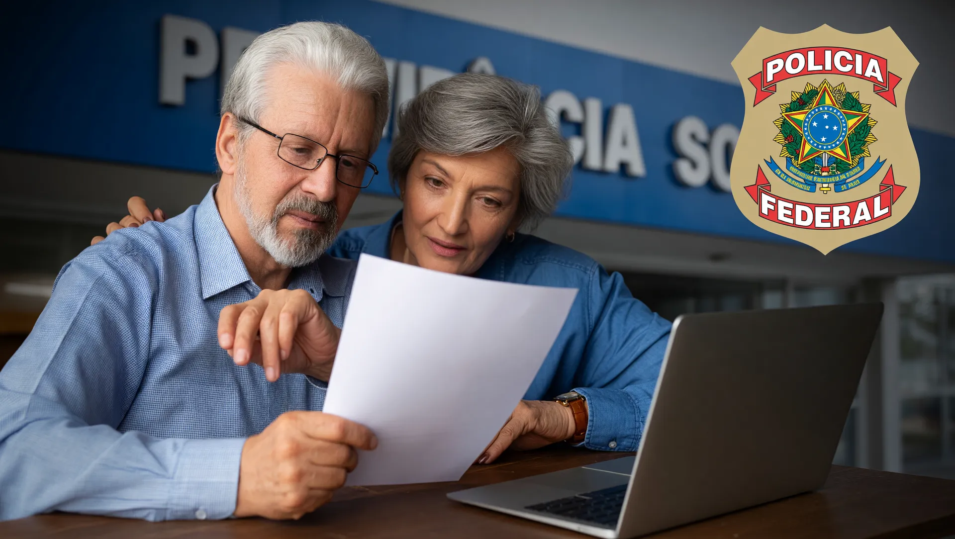 Recurso do Careca do INSS negado: aposentados com documentos, fachada INSS e insígnia da Polícia Federal