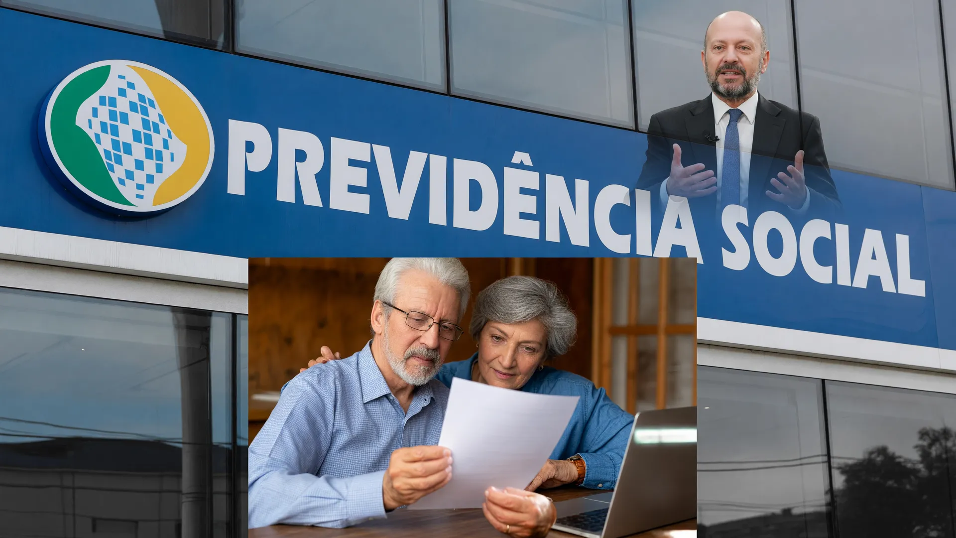 Edifício do INSS e aposentados em gestão financeira, ilustrando a redução da fila do INSS e eficiência do atendimento.