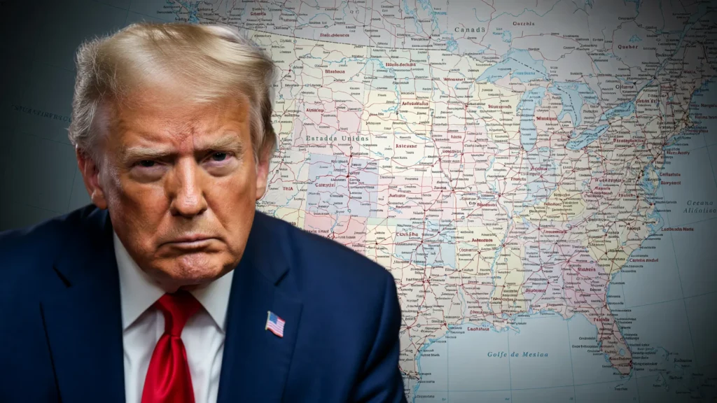 Retrato de Donald Trump com mapa dos EUA, simbolizando o reembolso de tarifas de importação Trump
