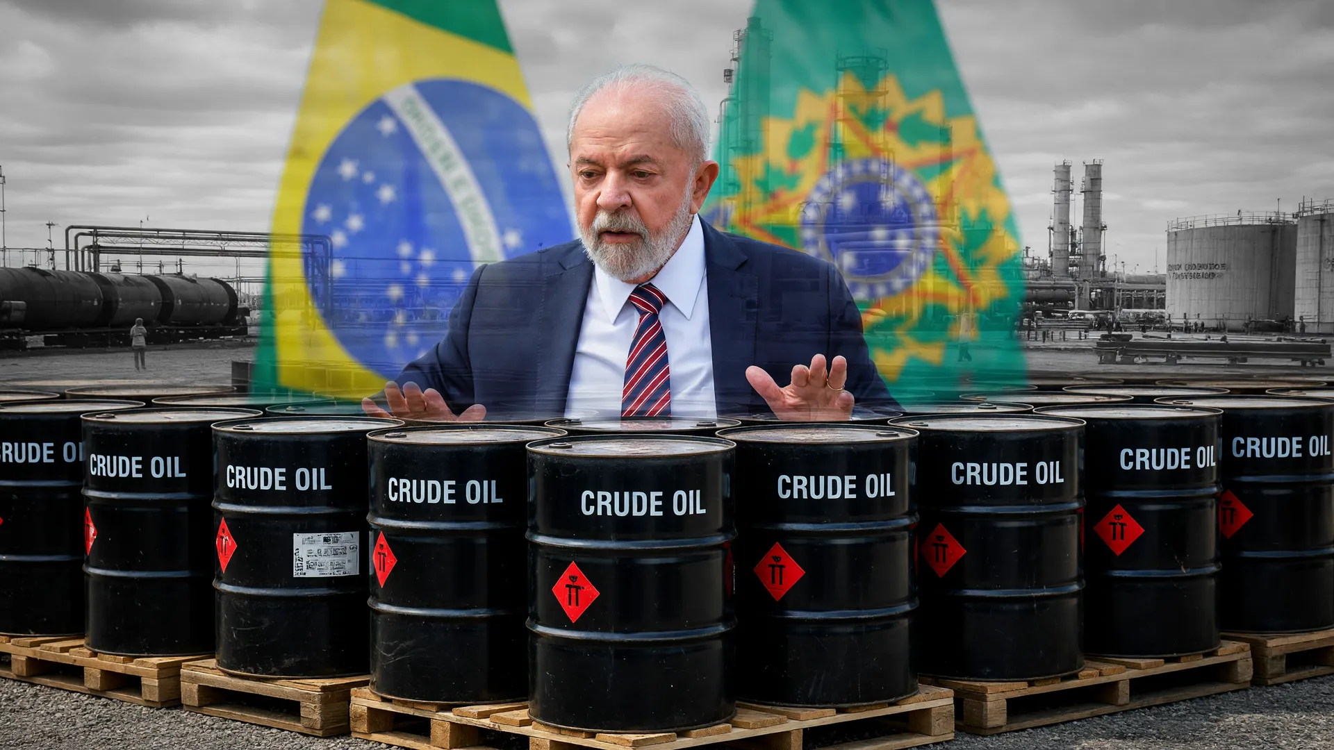Regime emergencial: subsídio para diesel importado com barris de petróleo e brasão presidencial