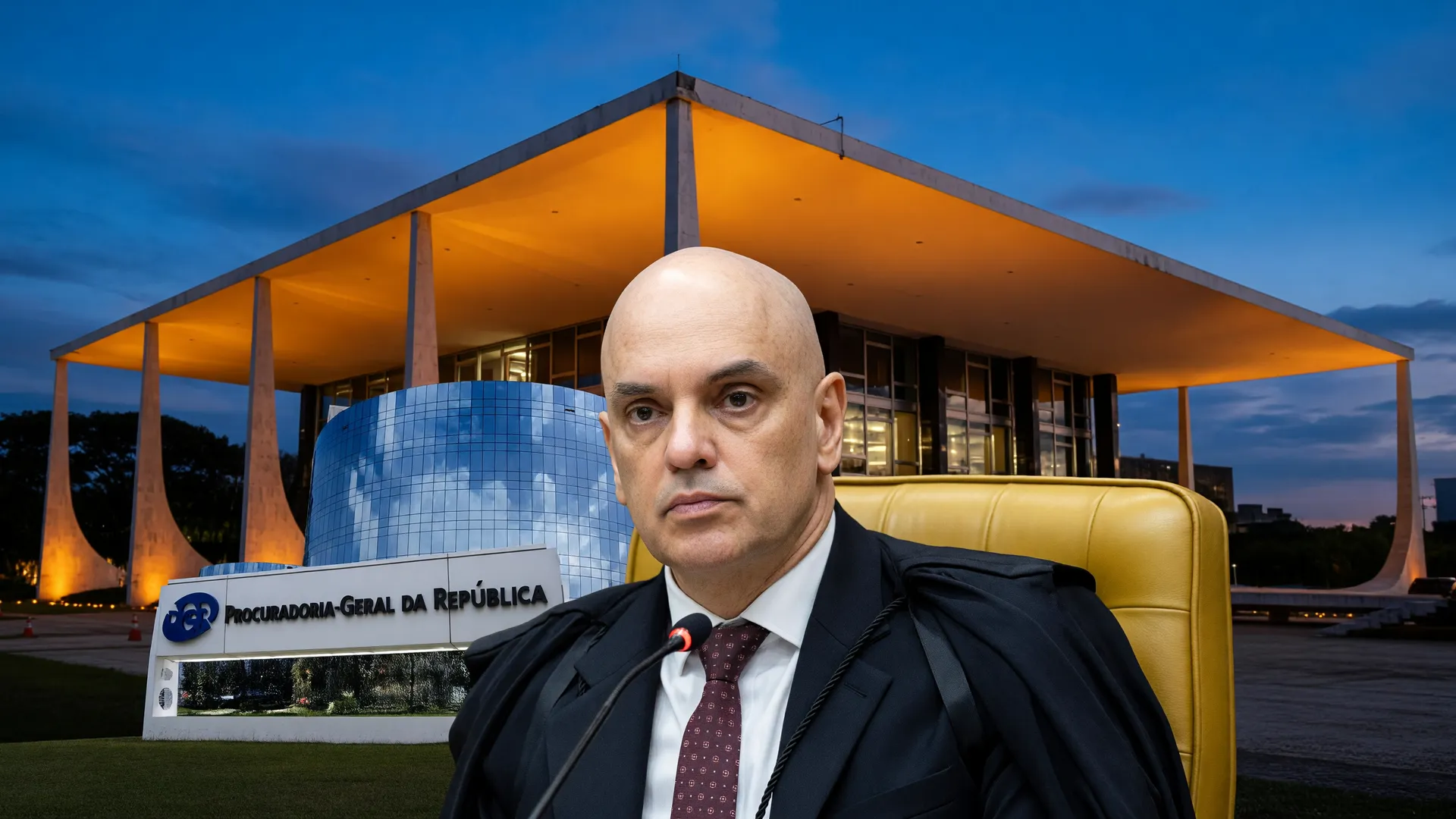 Composição editorial com STF ao entardecer e juiz Moraes em destaque sobre a regulamentação da delação premiada