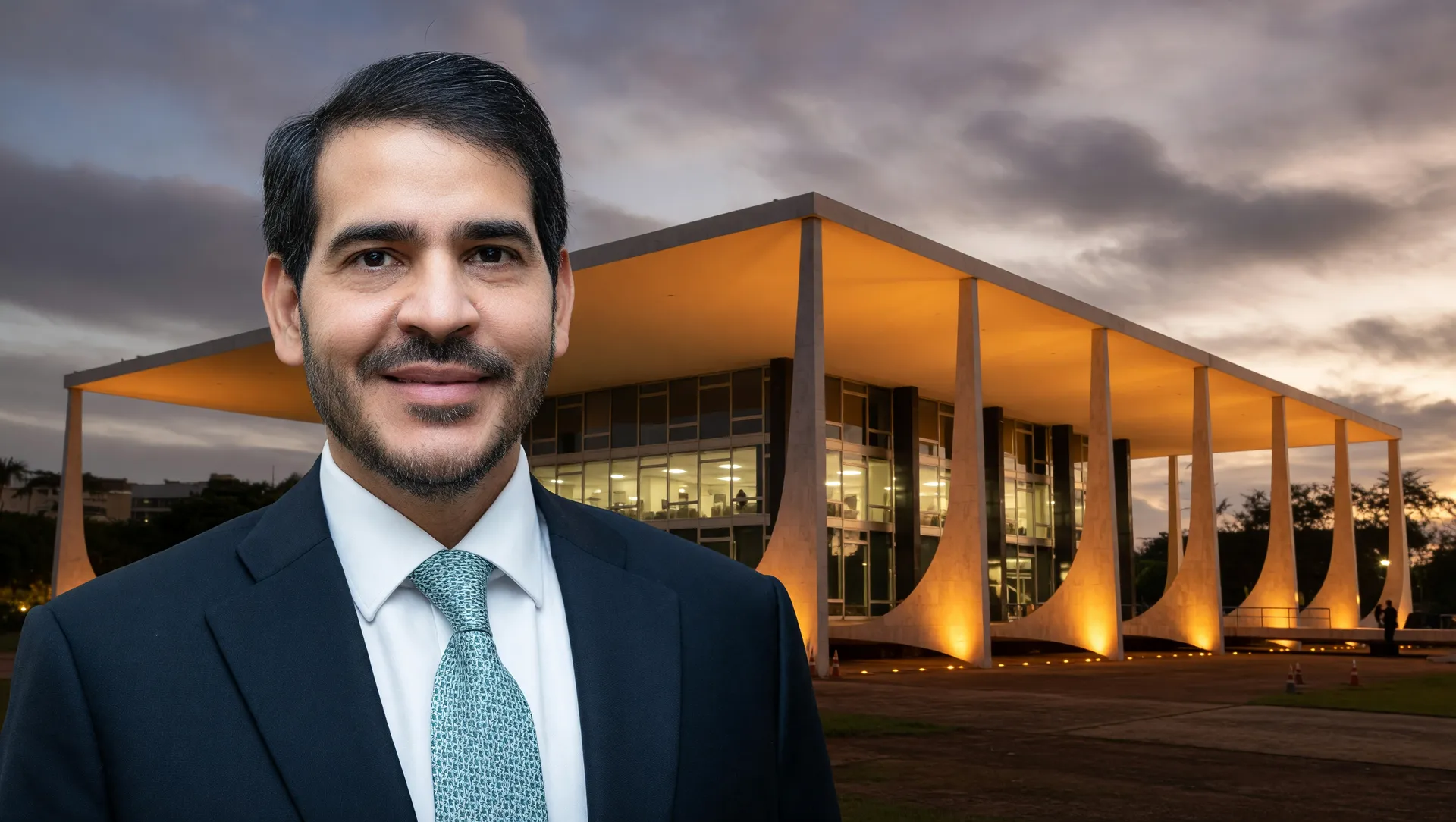 Jorge Messias em retrato com o STF ao fundo, representando a rejeição de Messias ao STF em 2026