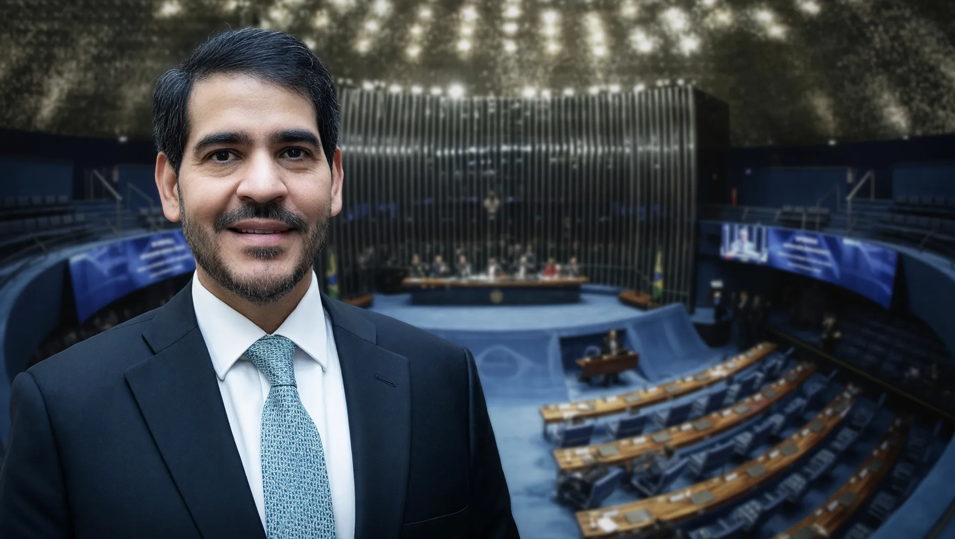 Retrato de Jorge Messias com plenário do Senado Federal ao fundo, representando a rejeição de Messias no Senado