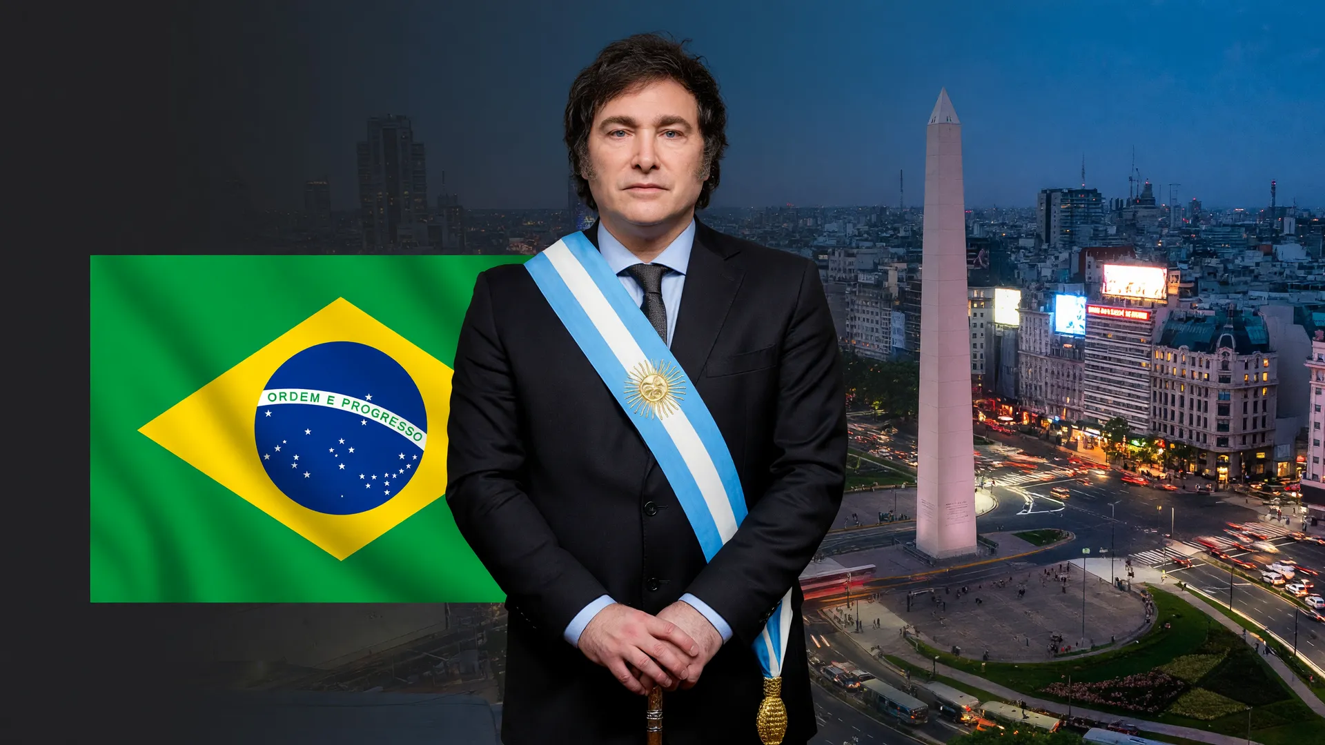 Relatório Banco Mundial Brasil Argentina: Milei com Obelisco de Buenos Aires e bandeira brasileira em contraste
