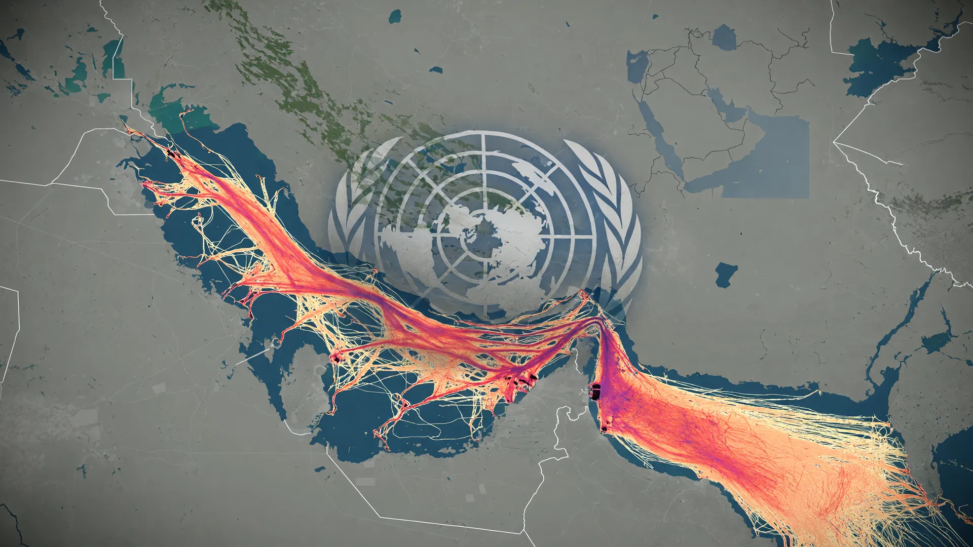 Mapa de tráfego no Estreito de Ormuz com símbolo da ONU representando a resolução bloqueada sobre a passagem estratégica.
