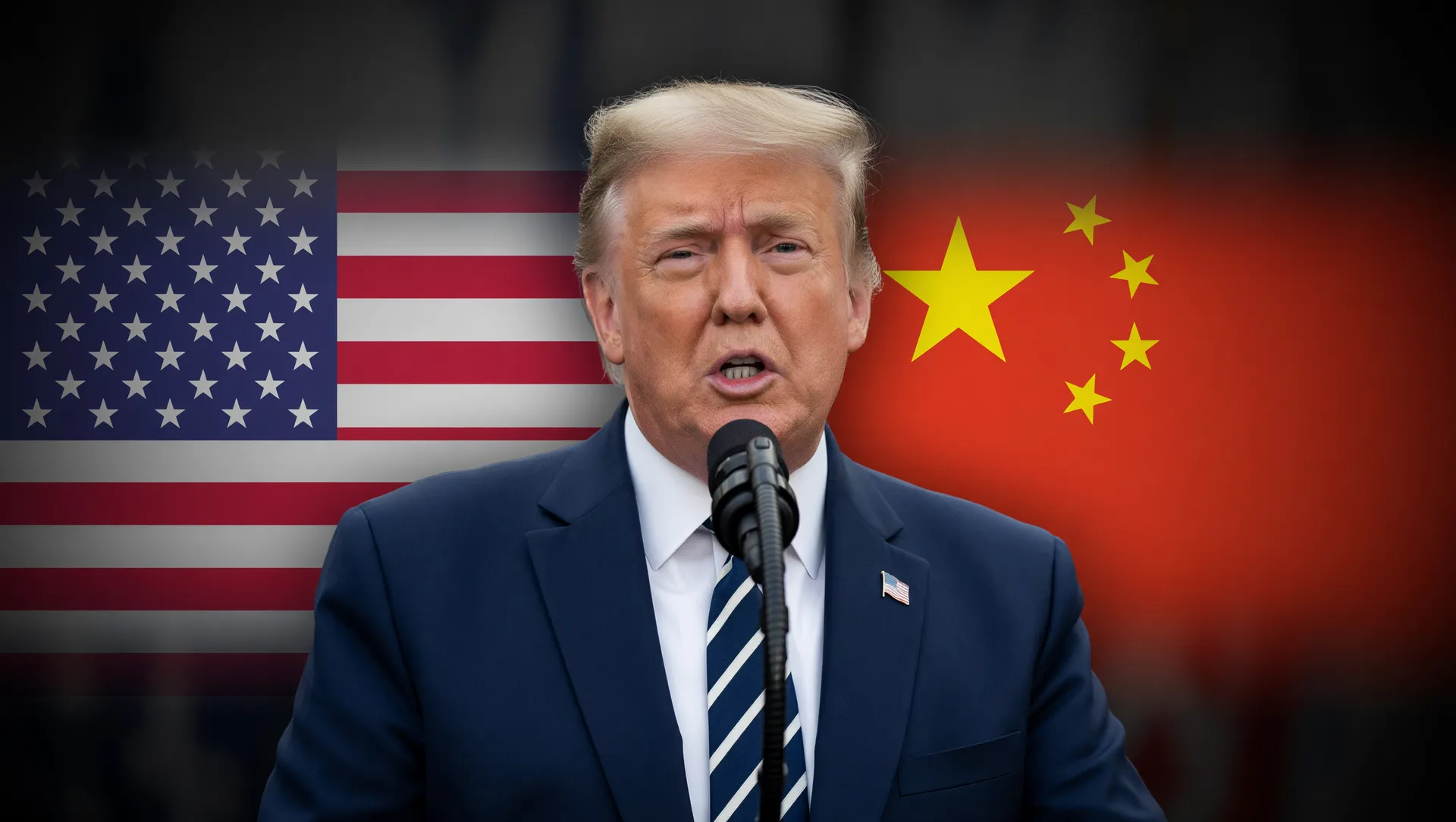 Editorial mostrando restrições EUA chips China entre Trump e bandeiras americana e chinesa
