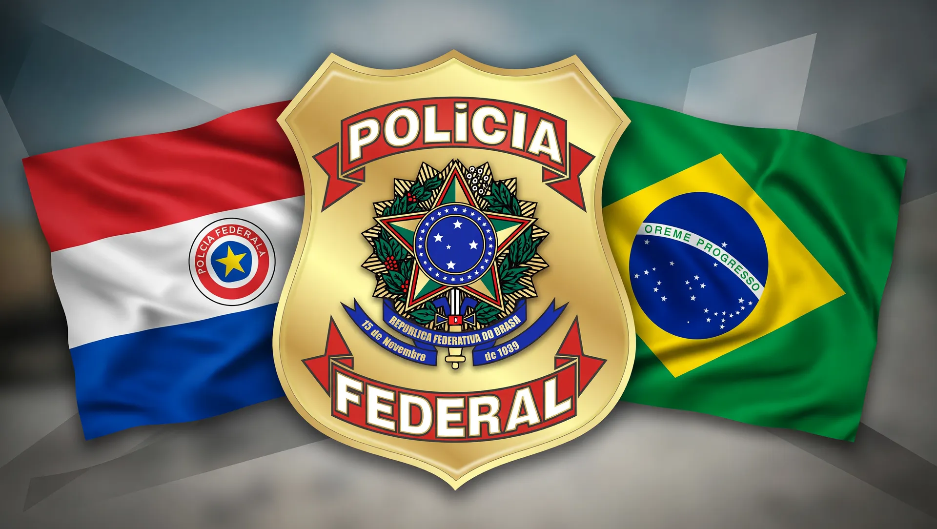 Brasão da Polícia Federal com bandeiras do Brasil e Paraguai, símbolo da apreensão de retatrutida ilegal do Paraguai.