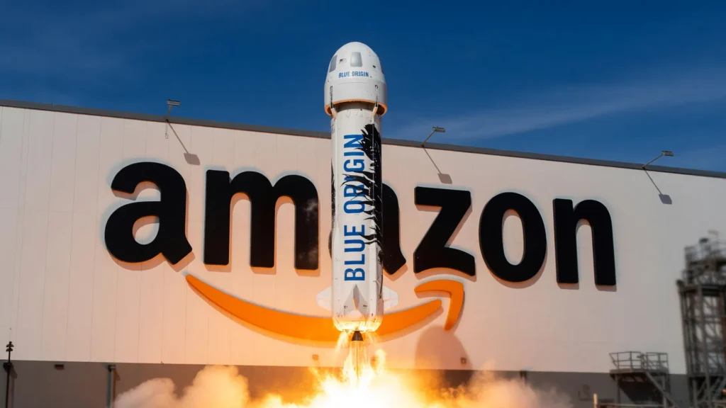 Foguete da Blue Origin em lançamento e logo Amazon em fachada refletindo a reutilização propulsor New Glenn