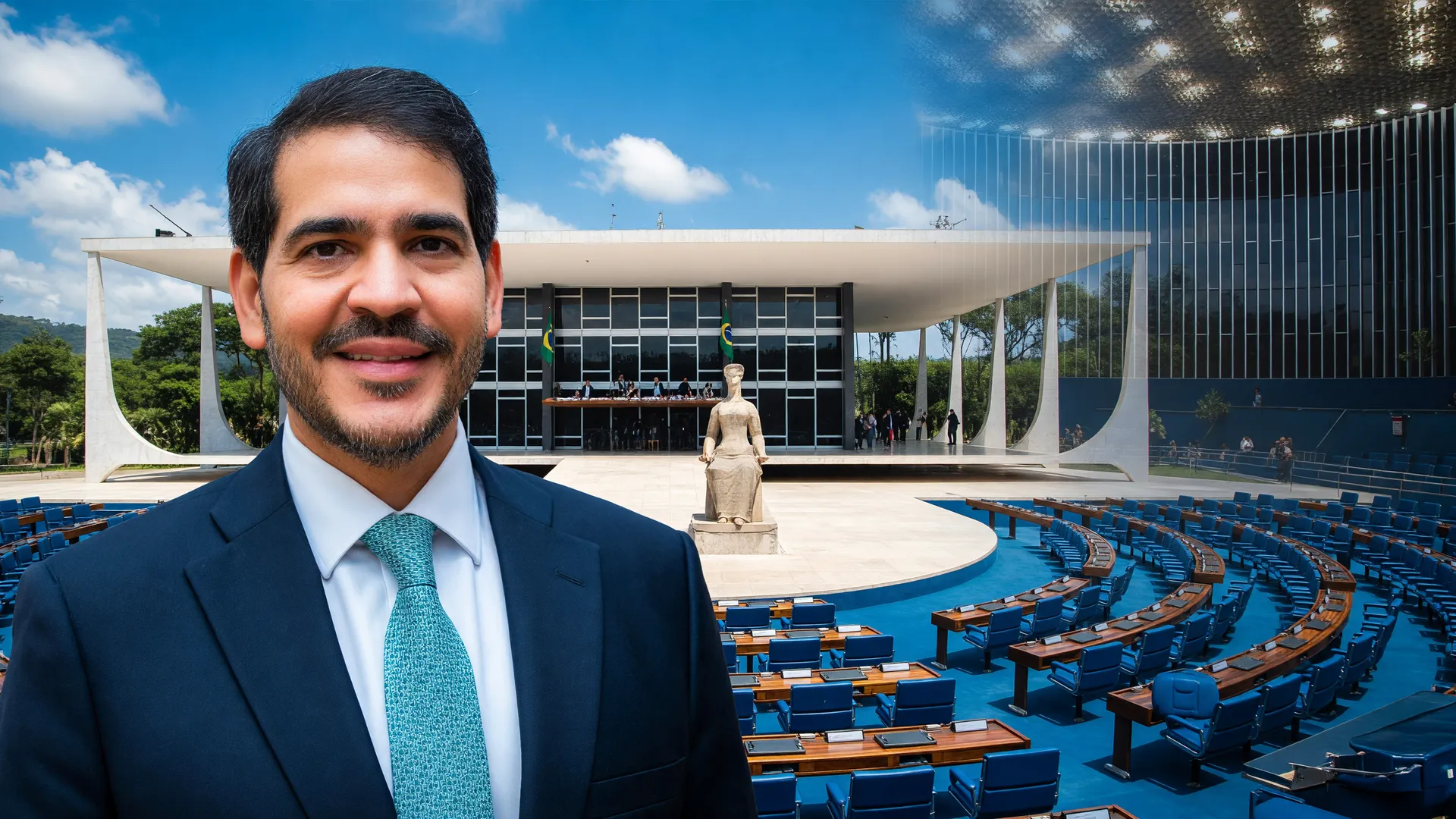 Composição visual de Jorge Messias com STF e Senado Federal: sabatina Messias STF em abril