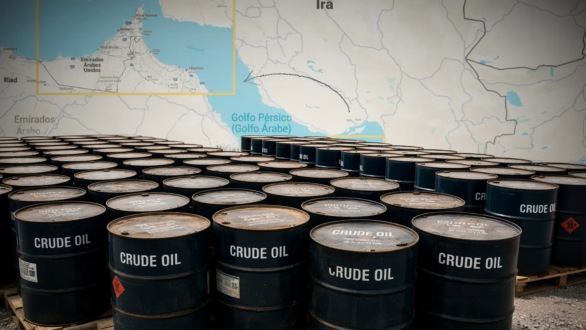 Sanções EUA petróleo Irã ilustradas com barris e Estreito de Ormuz estratégico