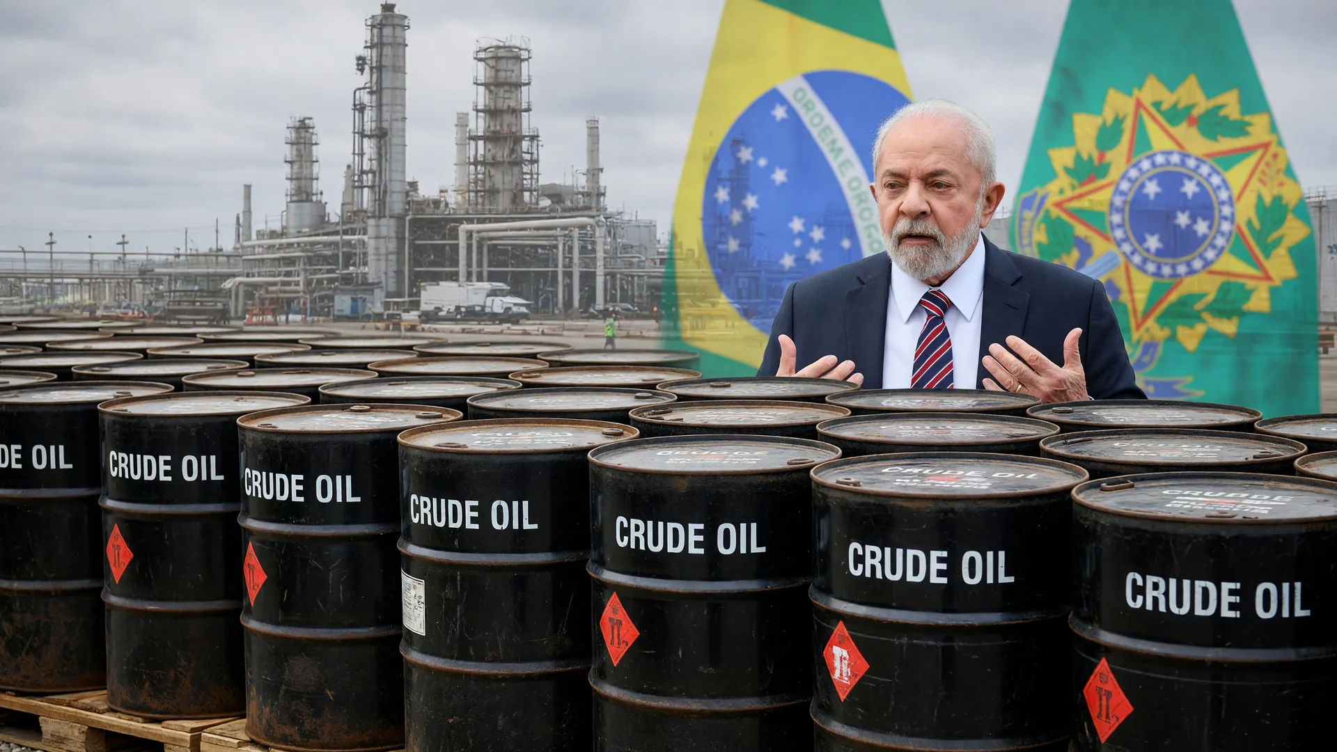 Composição editorial com barris de petróleo e Presidente Lula: subsídio diesel preços combustíveis governo
