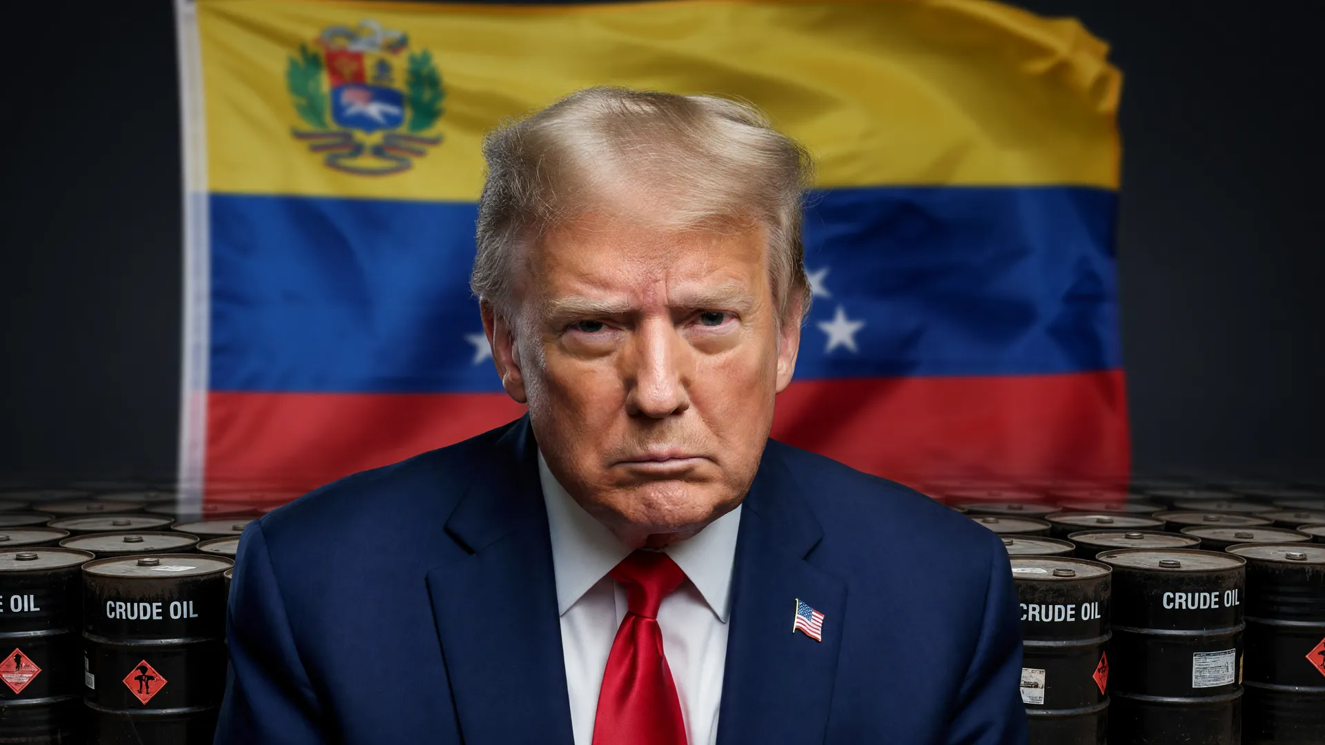 Trump e bandeira da Venezuela em retrato editorial sobre suspensão sanções EUA Venezuela com petróleo