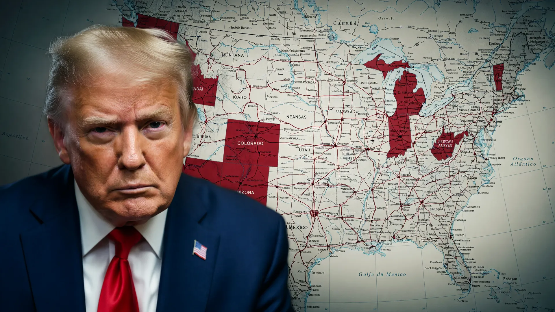 Retrato do presidente Trump com mapa dos EUA: julgamento de tarifa global de importação