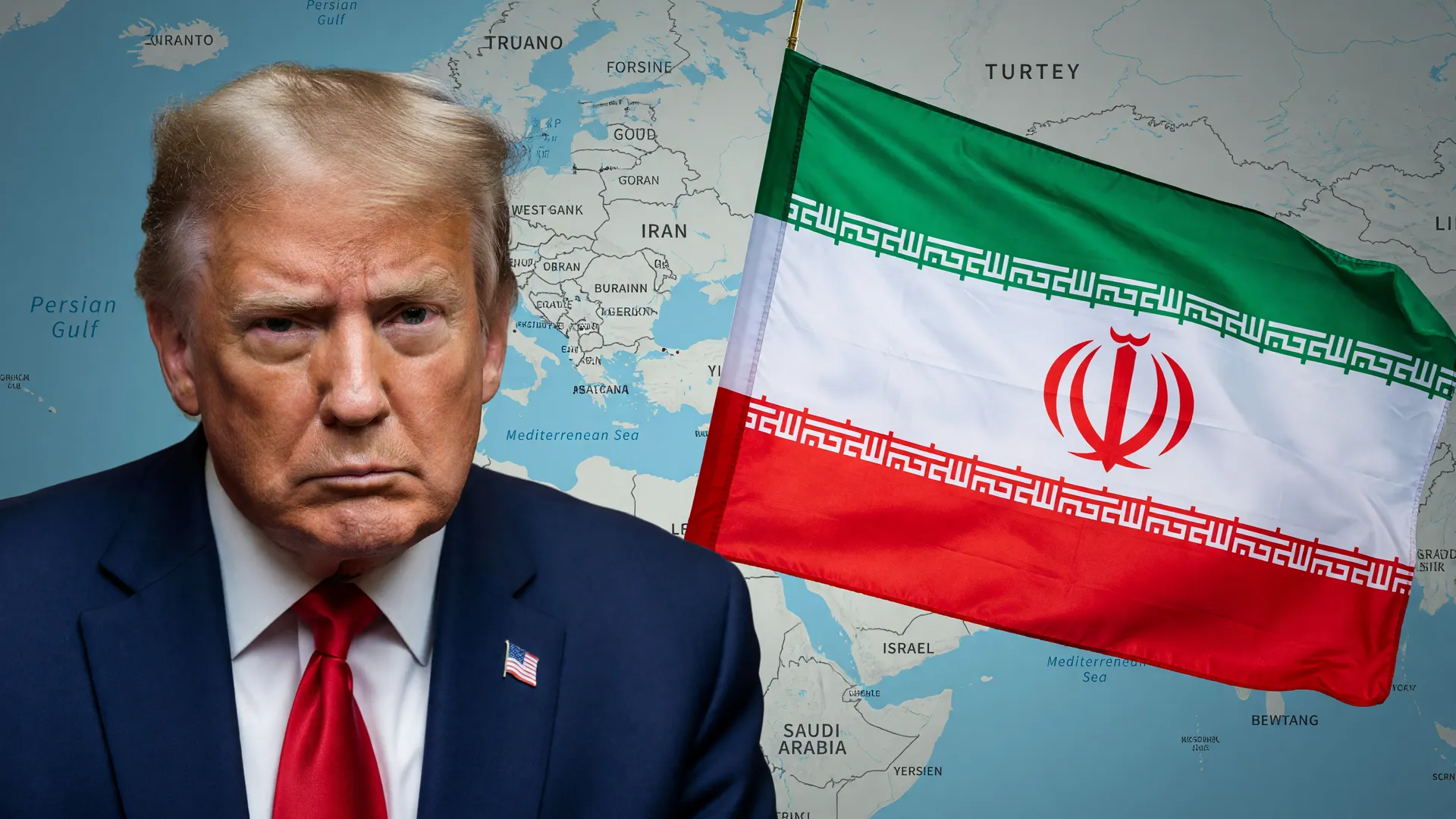 Retrato de Trump ao lado da bandeira do Irã representando negociações sobre acordo nuclear e enriquecimento de urânio