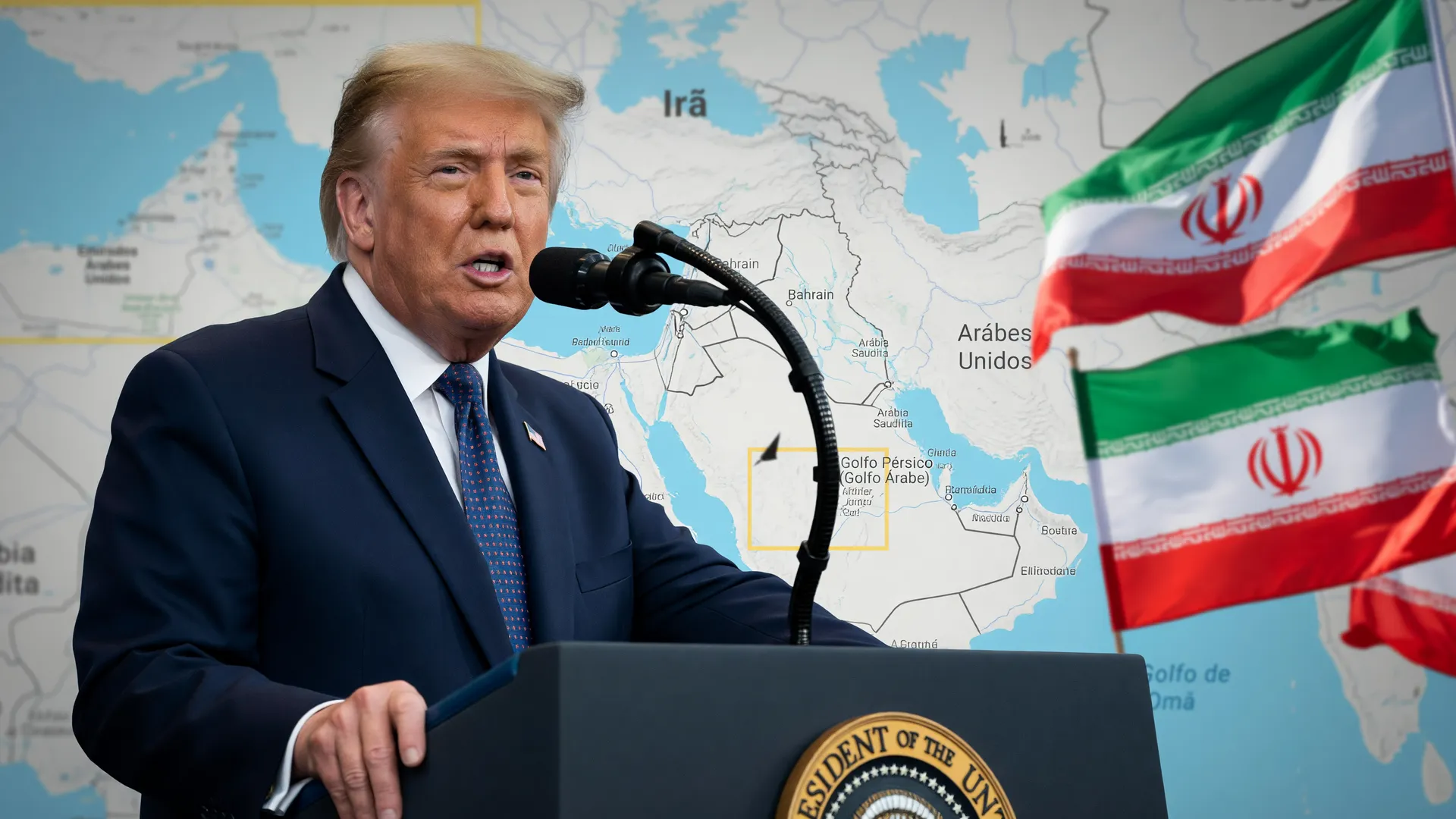 Trump ameaça navios iranianos Ormuz; mapa estratégico do Golfo Pérsico e símbolos do Irã
