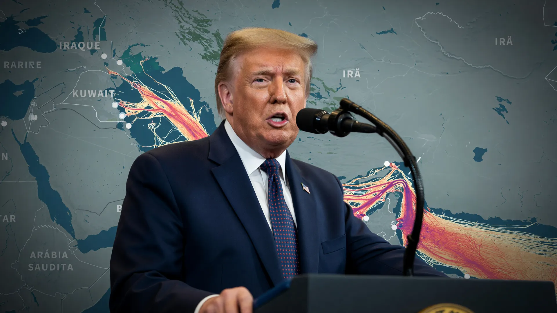 Trump em discurso sobre saída dos EUA da Otan; mapa do Estreito de Ormuz ao fundo mostrando rota estratégica em crise