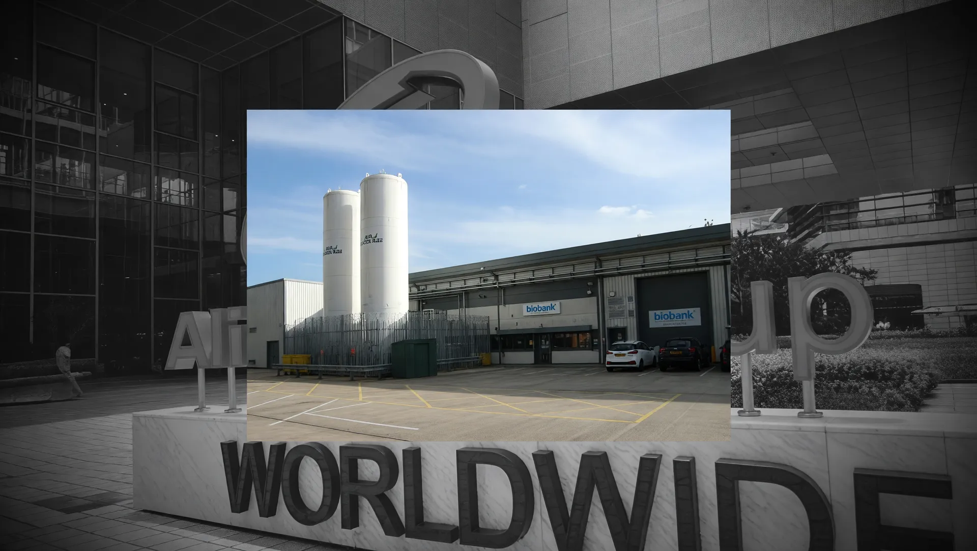 Instalação de biobank em contraste com sede do Alibaba, representando venda ilegal dados saúde online