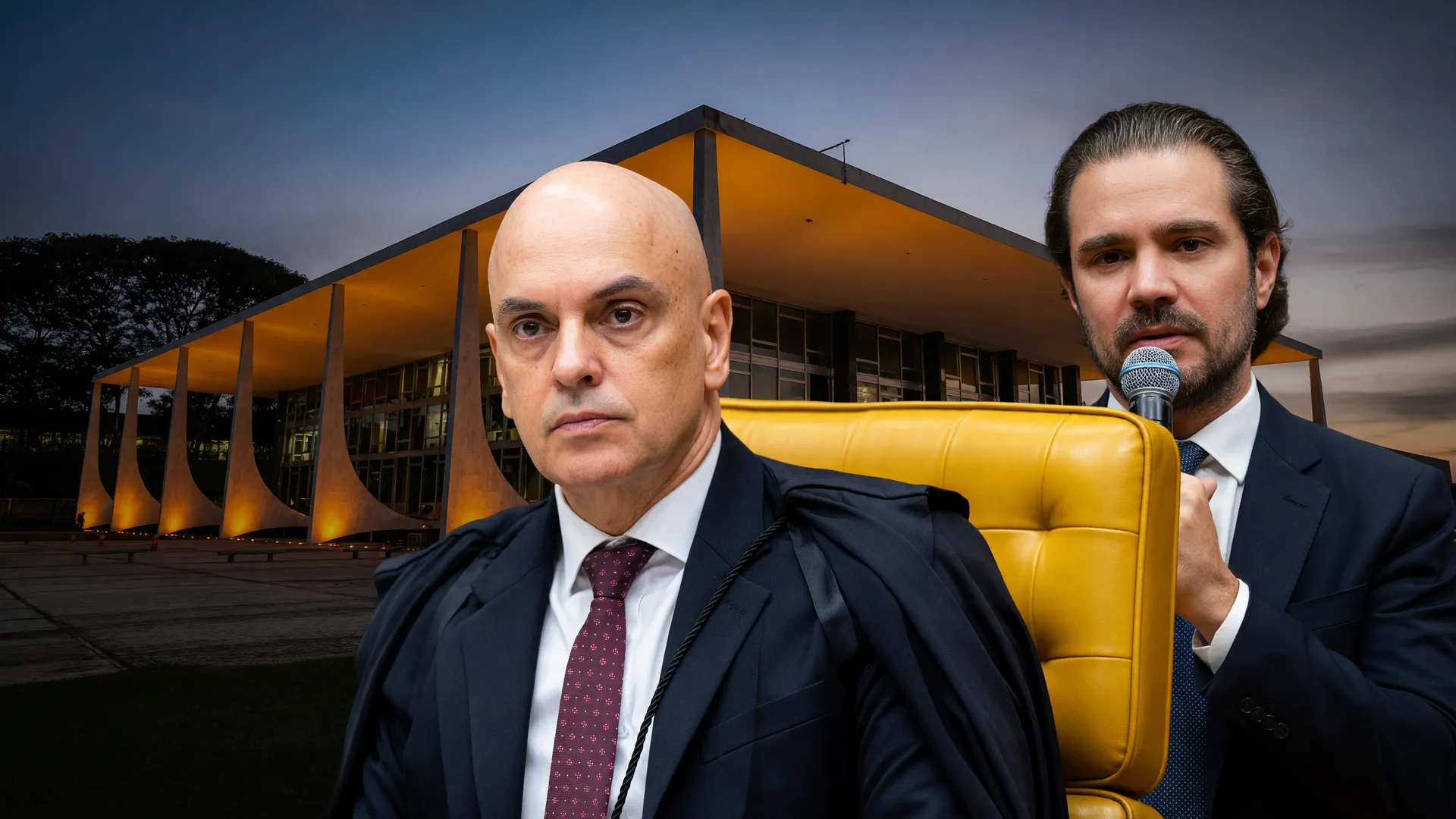Colagem editorial com ministro do STF e empresário em contexto investigativo sobre viagens de Moraes em jatos de Vorcaro