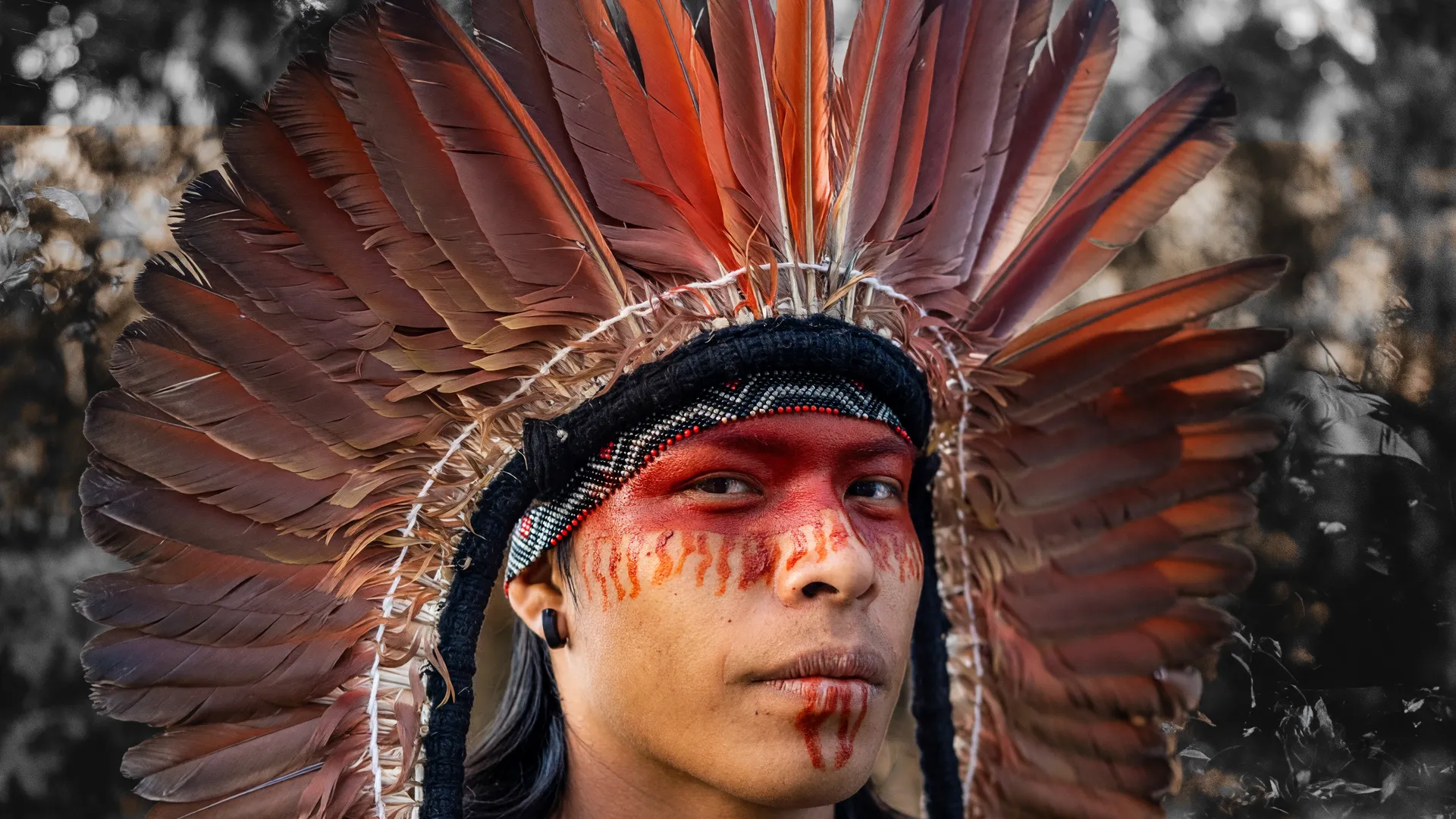 Mulher indígena com adornos tradicionais em retrato que representa violência contra mulheres indígenas no Brasil