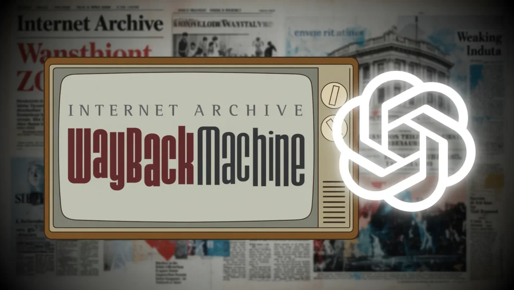 Emblema Wayback Machine sob ameaça de IA, mostrando o bloqueio de jornais contra inteligência artificial