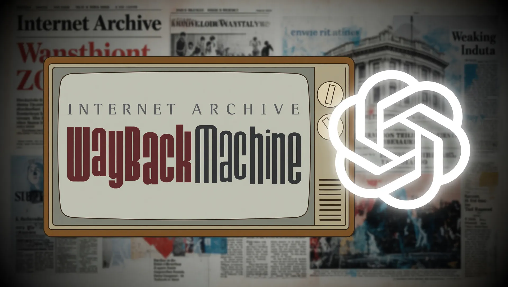 Emblema Wayback Machine sob ameaça de IA, mostrando o bloqueio de jornais contra inteligência artificial