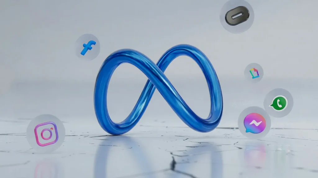 Logo Meta infinito em azul com ícones de WhatsApp, Instagram e Facebook representando instabilidade dos produtos