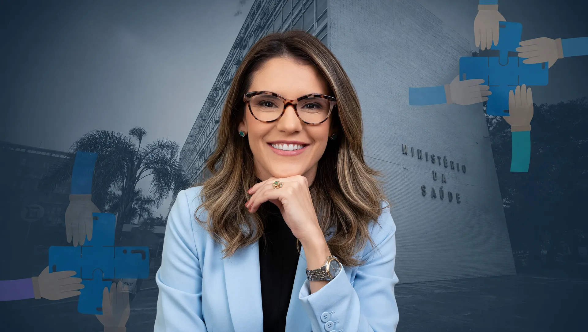 Retrato de Larissa Amorim com Ministério da Saúde ao fundo, ilustrando acesso a medicamentos oncológicos SUS