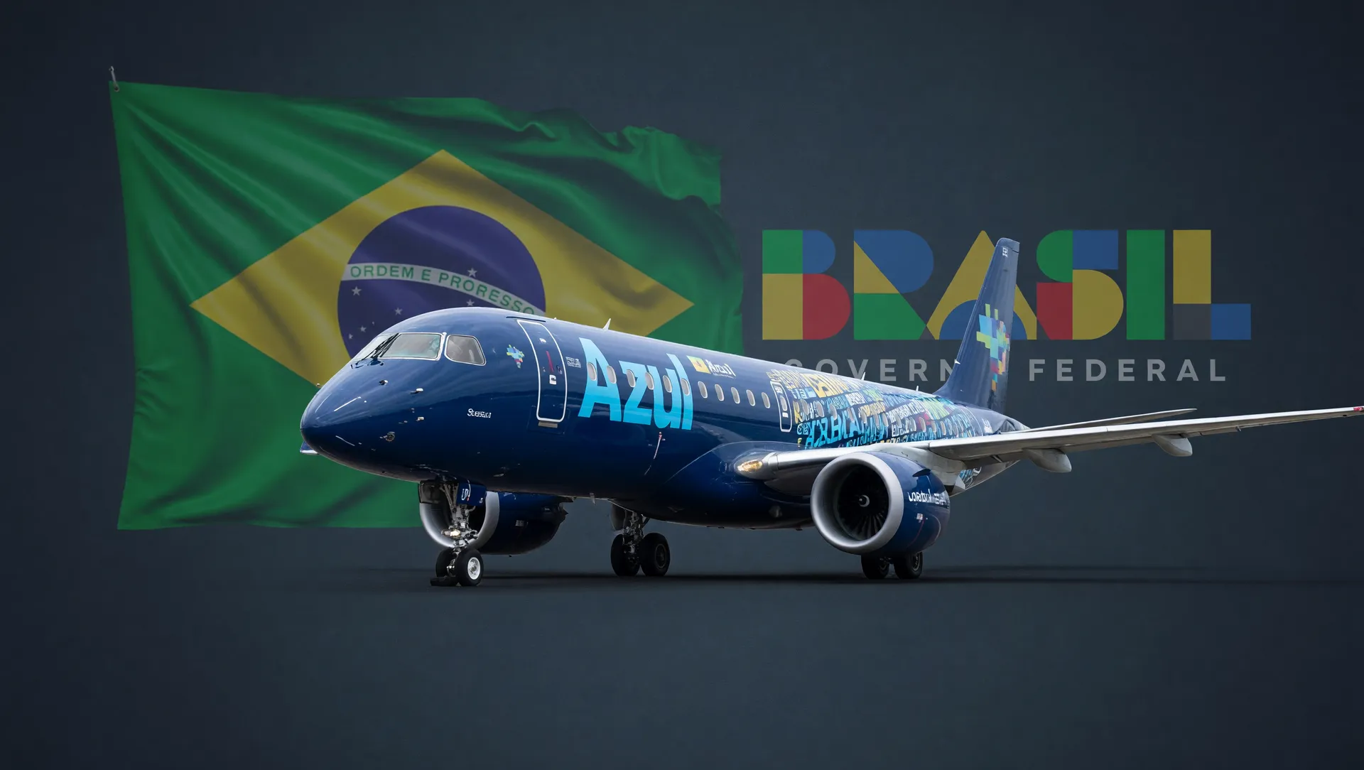 Embraer da Azul, bandeira e símbolo do Governo Federal em composição editorial sobre acidentes aéreos no Brasil 2026