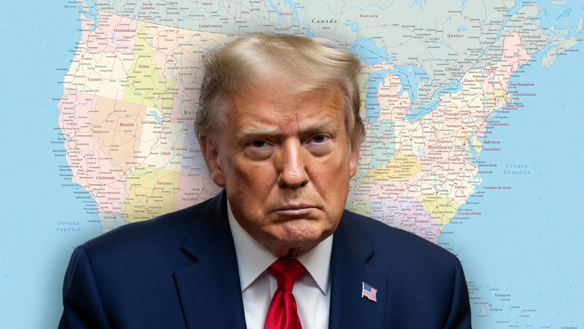 Retrato de Donald Trump com mapa dos EUA, ilustrando acordo judicial IRS auditar impostos de Trump