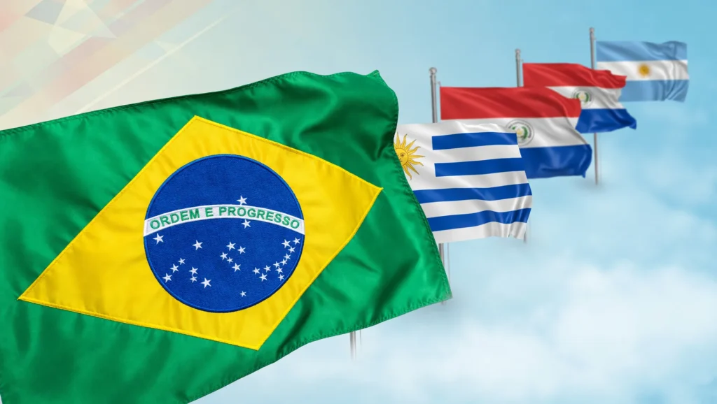 Bandeiras do Brasil e Mercosul representando o acordo Mercosul-UE para impulsionar exportações brasileiras