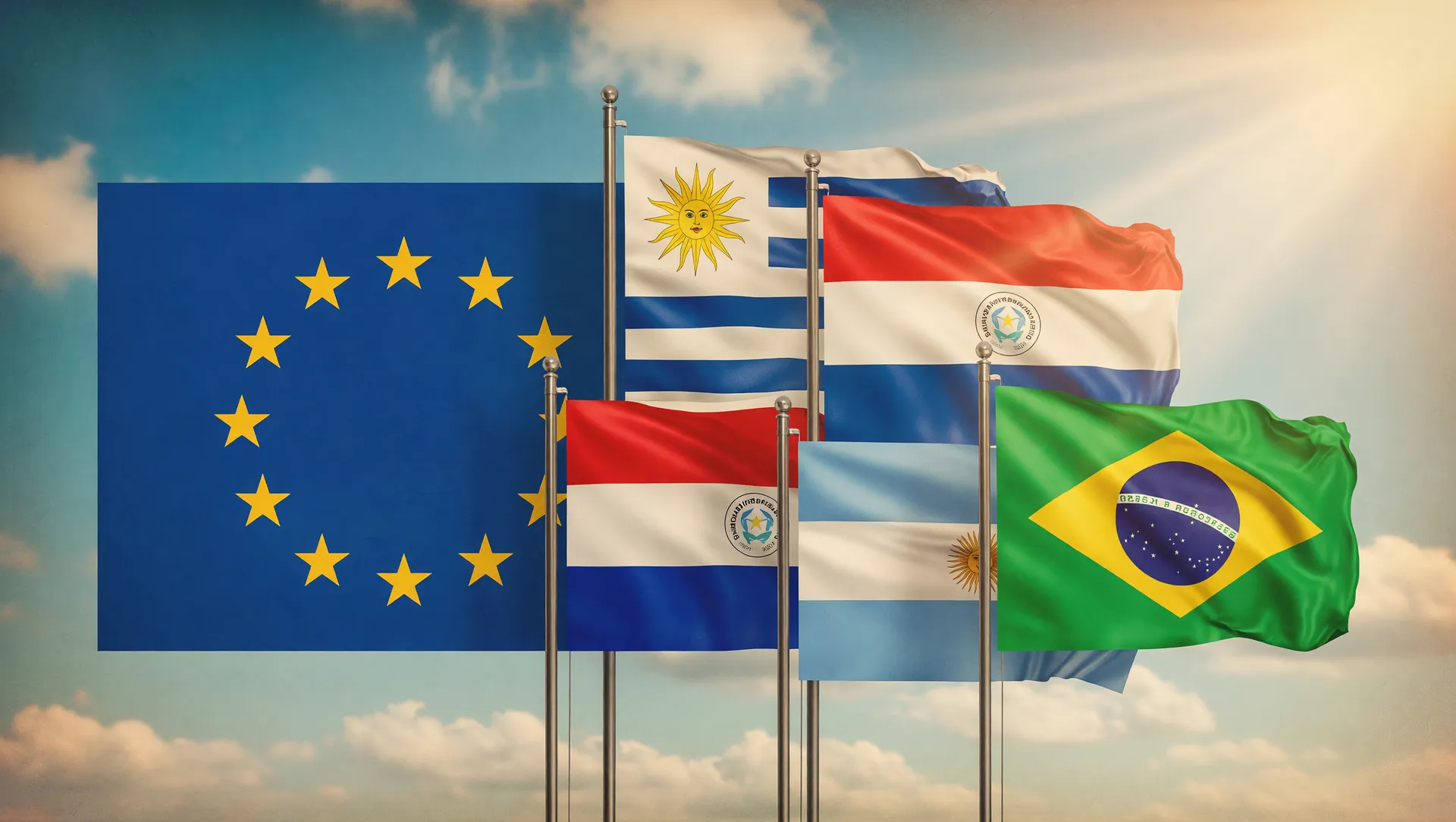 Composição editorial do acordo UE-Mercosul agronegócio: bandeiras da União Europeia e Mercosul