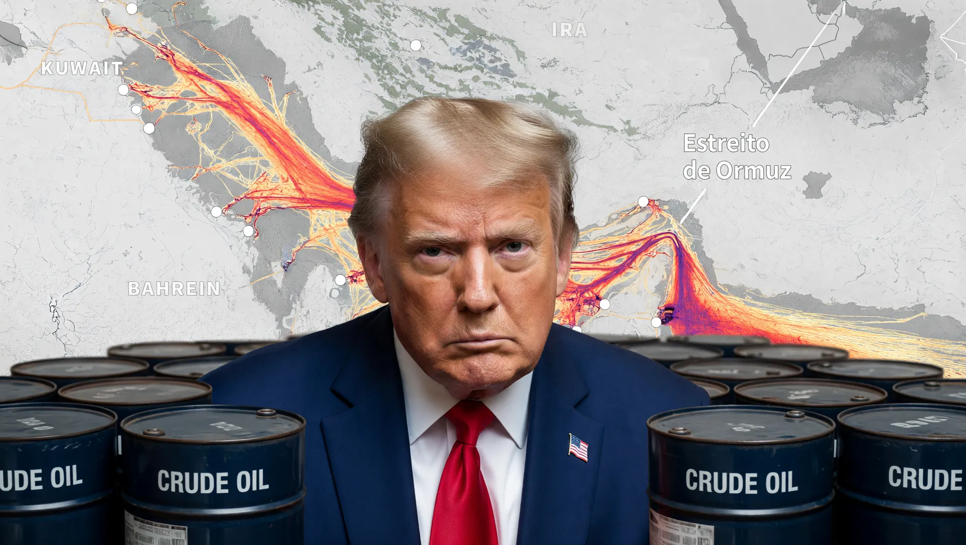Trump, barris de petróleo e mapa do Estreito de Ormuz: alta do dólar, petróleo e tensão do Irã