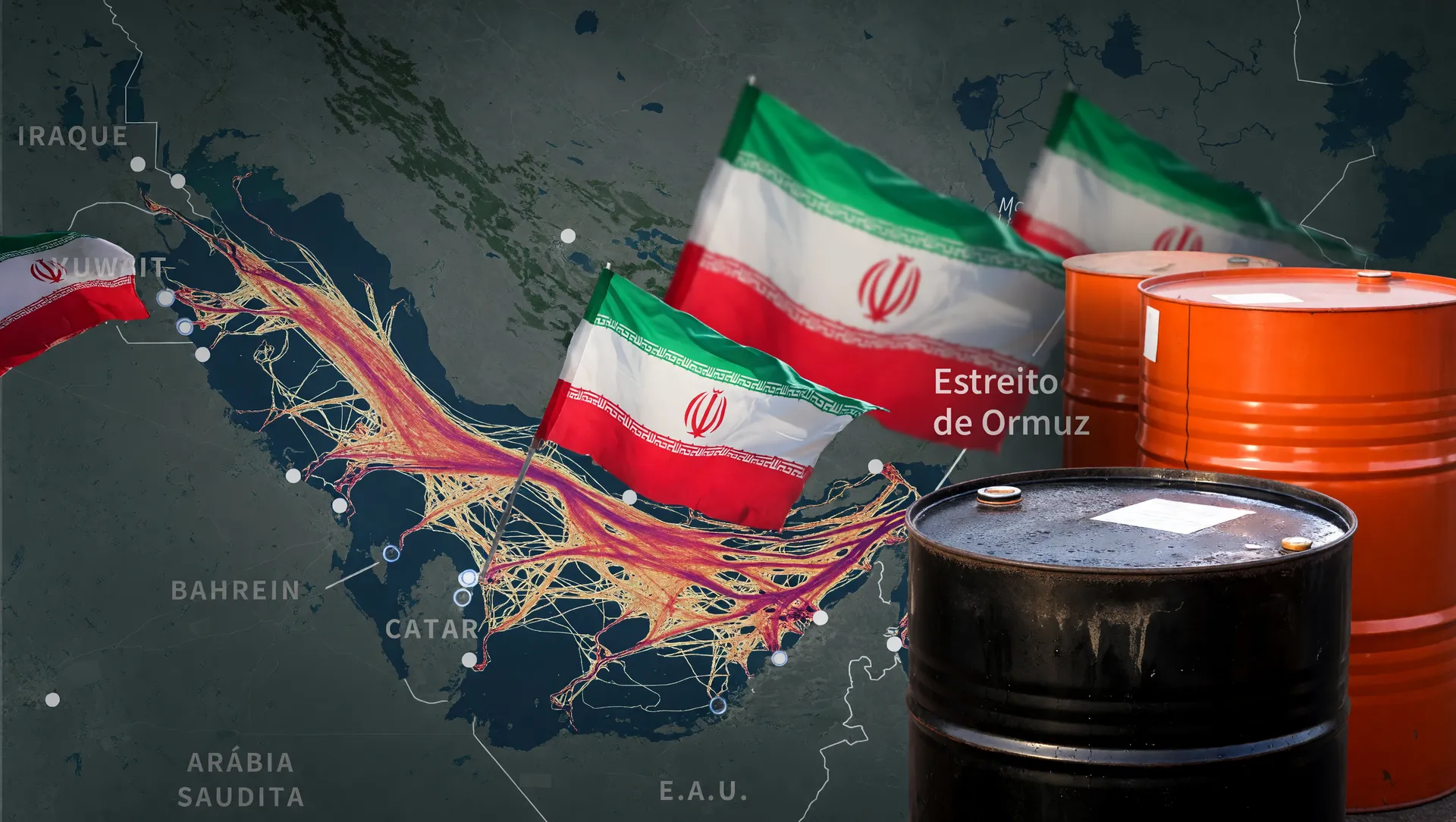 Ameaça iraniana ao Estreito de Ormuz: rotas marítimas globais, bandeiras iranianas e barris de petróleo sob tensão geopolítica