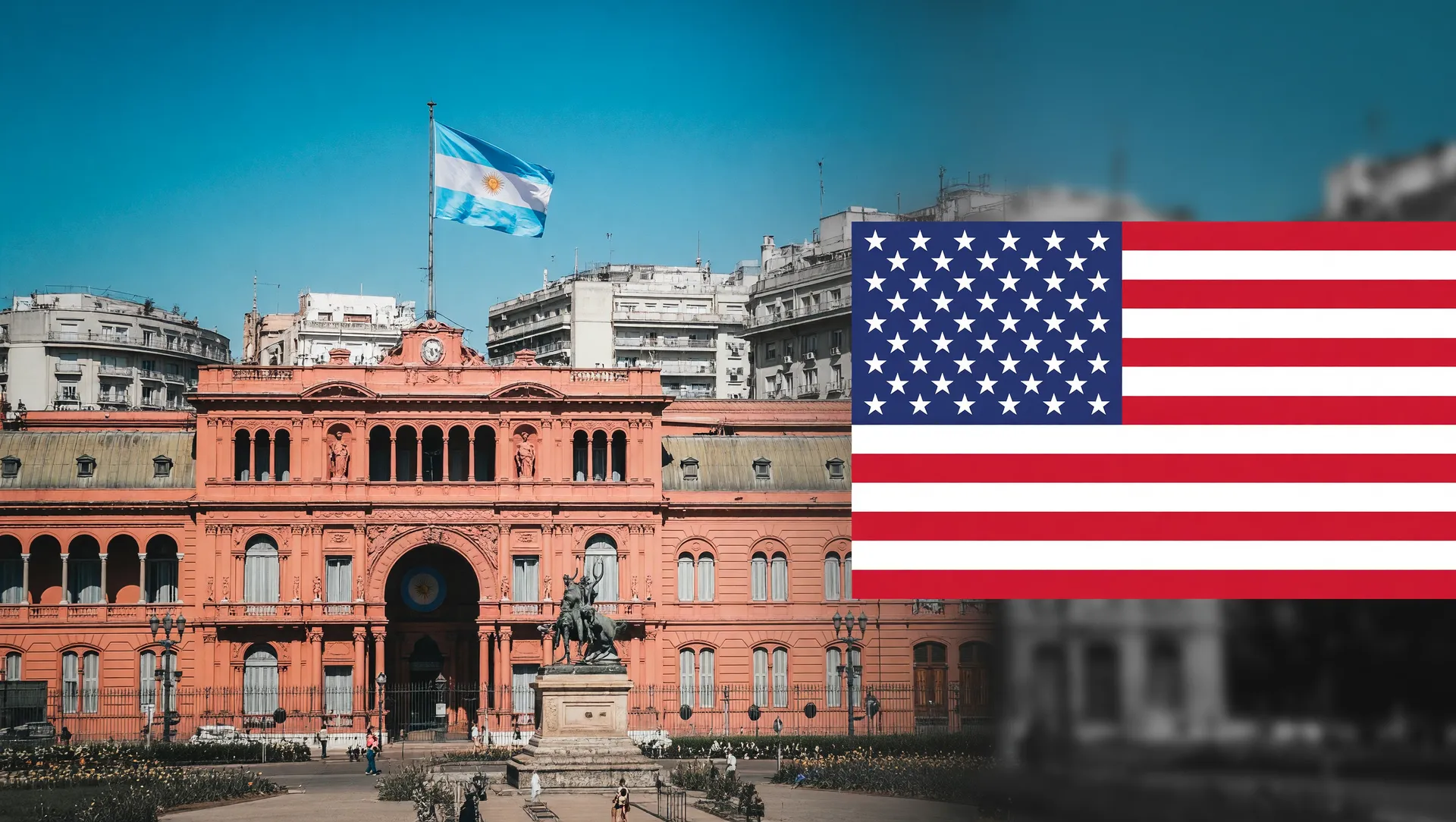 Composição editorial mostrando Casa Rosada e bandeira dos EUA representando assembleia OMS com saída de países