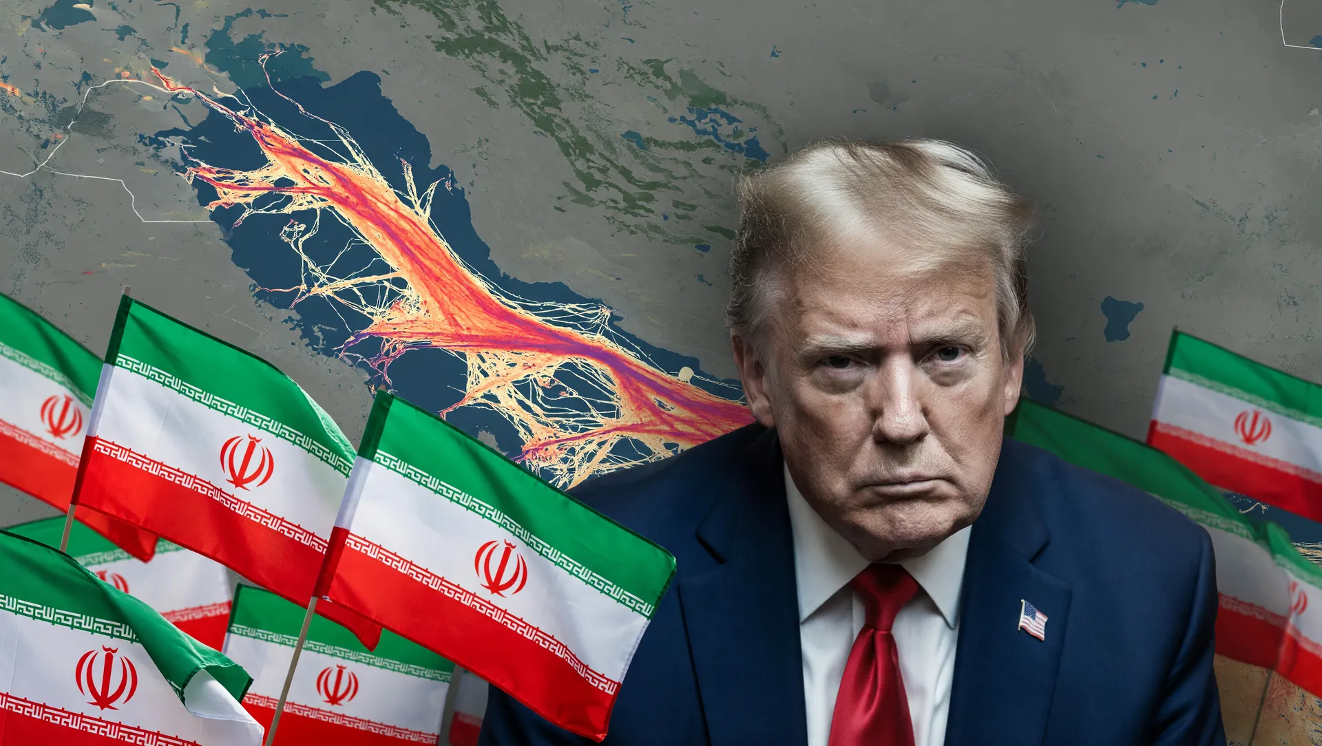 Mapa estratégico do Estreito de Ormuz, retrato de Trump e bandeiras do Irã documentando os ataques EUA
