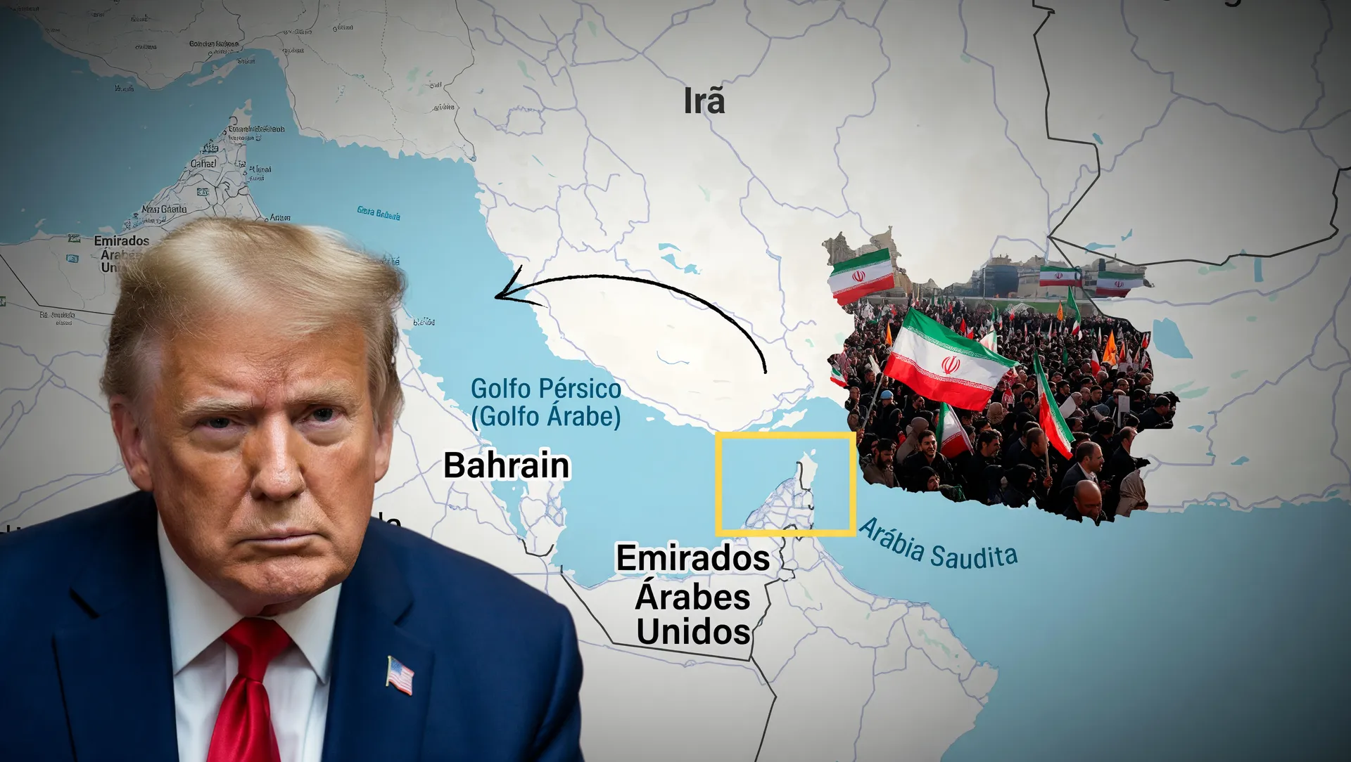 Colagem editorial mostrando tensão nos ataques EUA portos iranianos do Estreito de Ormuz
