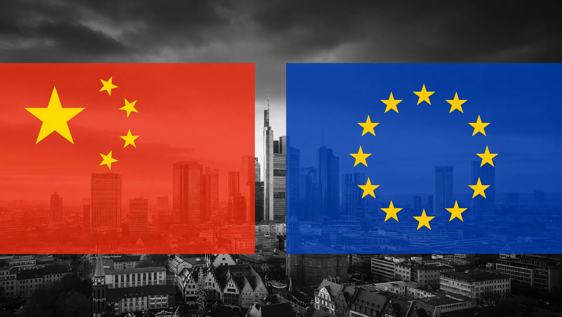 Bandeiras da China e UE com skyline de Frankfurt: tensão comercial sobre banimento tecnologia chinesa União Europeia